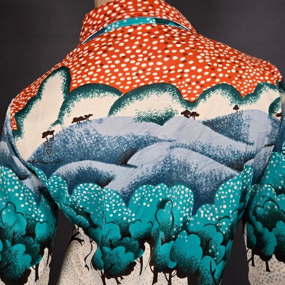 Vintage 70s Landscape Trees Novelty Print Button Up Shirt Dagger Collar Size M - Picture 8 of 11